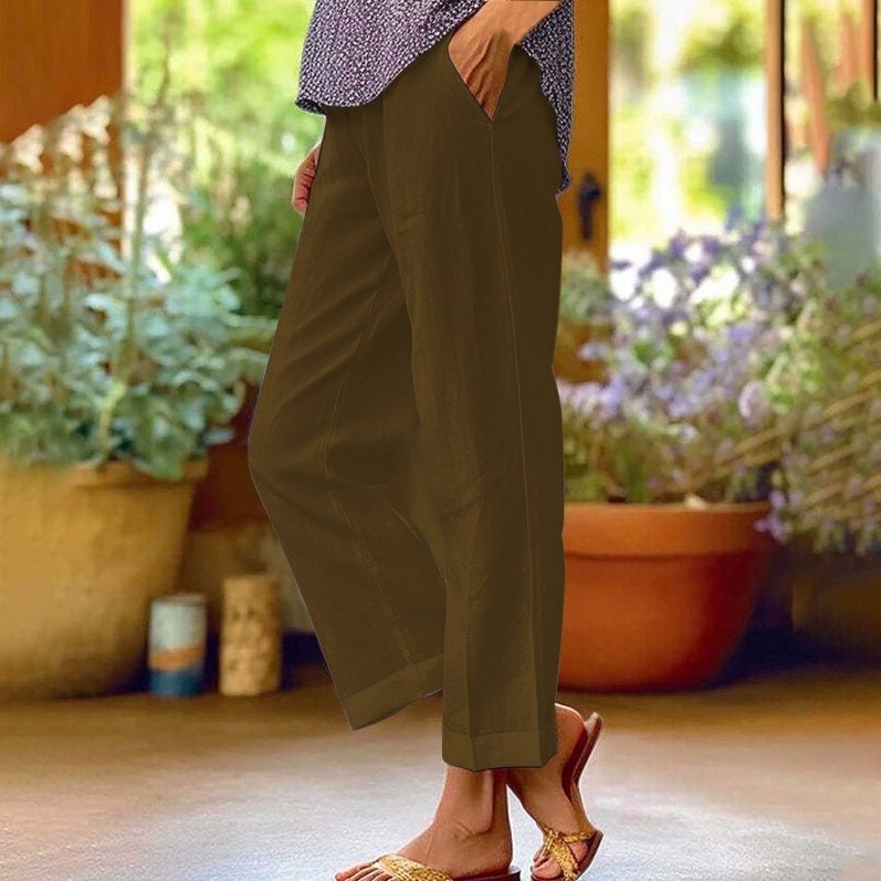 Elastic-waist straight-leg casual pants with pockets