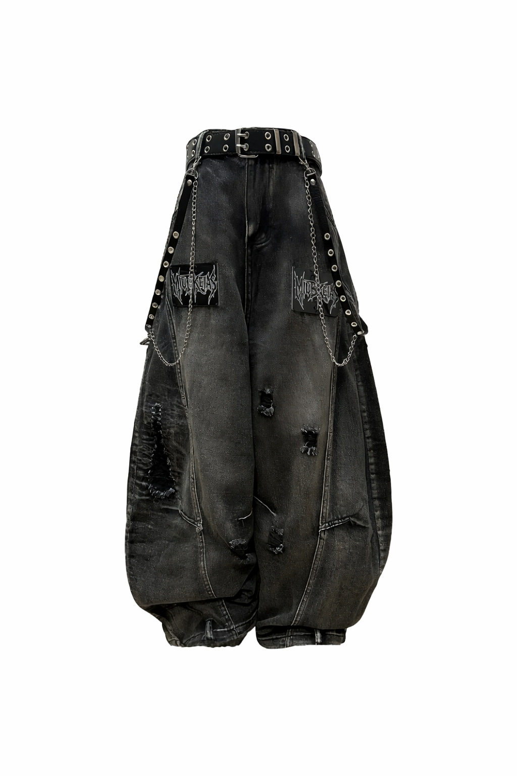 Punk-Style Distressed Ripped Denim Wide-Leg Pants