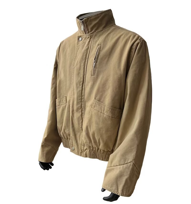 Men's Stand Collar Bomber Jacket Retro Loose Solid Outerwear