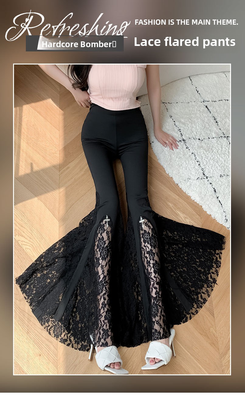 Women High-Waist Lace Stitching Fishtail Flared Trousers