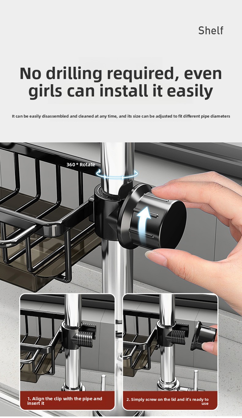 Space Aluminum Faucet Sink Storage Rack with Drip Tray