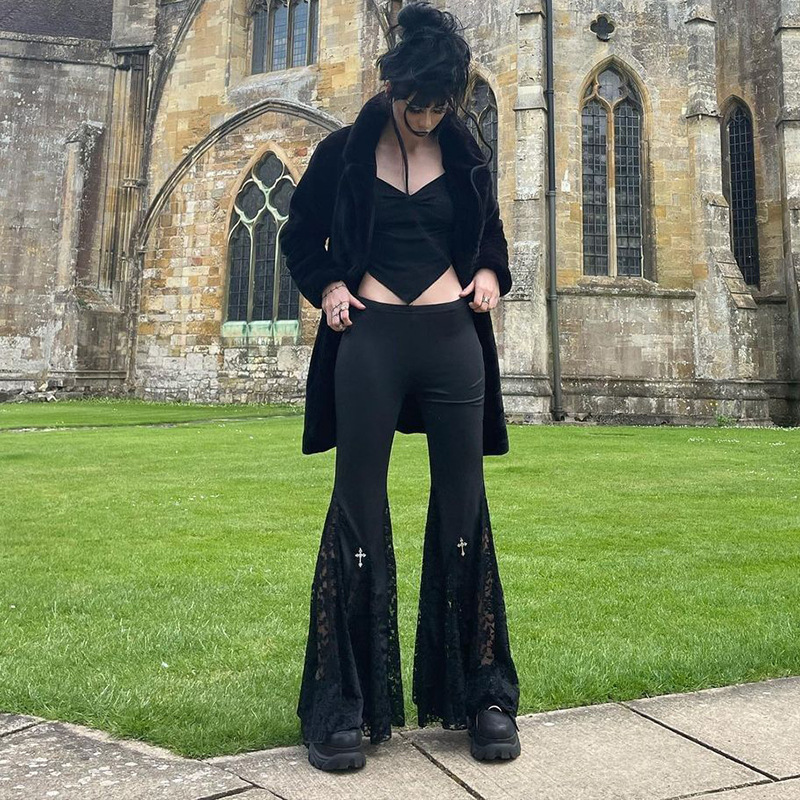 Women's High-Waisted Lace Splicing Butt-Lifting Boot-Cut Pants