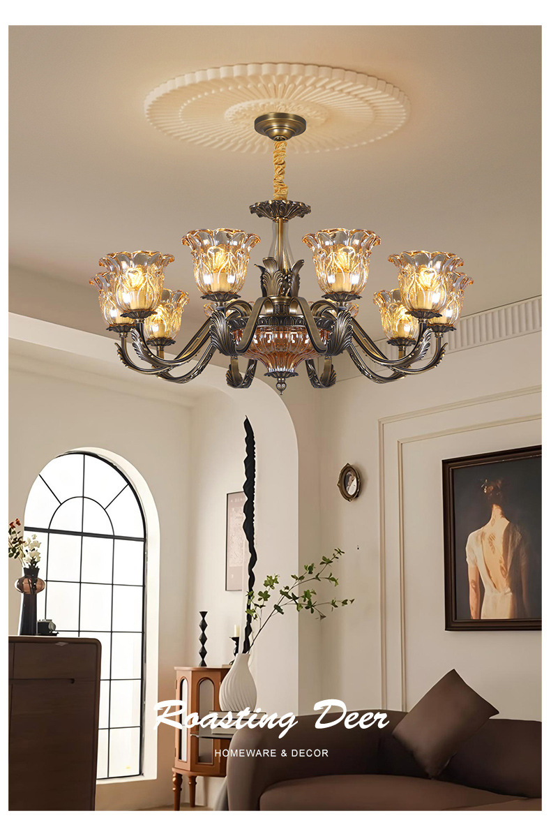 All-Copper American Retro Multi-Head Chandelier Glass Shade Pendant Light for Living Room Dining Room