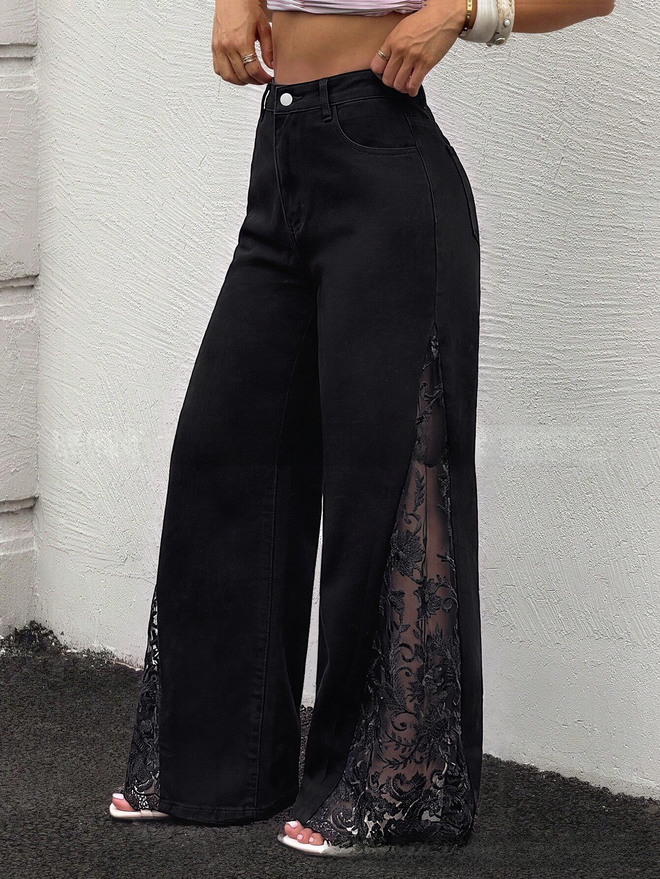 Women's Lace Patchwork High-Waisted Wide-Leg Denim Pants