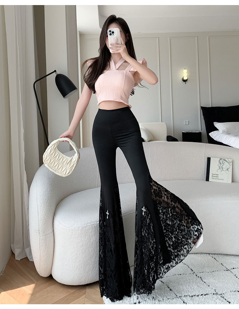 Women High-Waist Lace Stitching Fishtail Flared Trousers