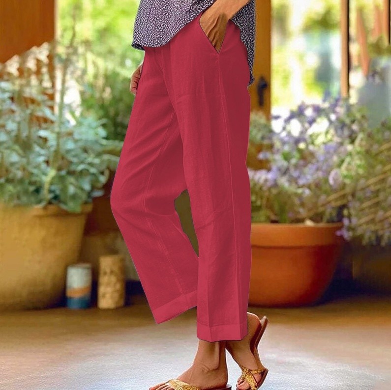 Elastic-waist straight-leg casual pants with pockets