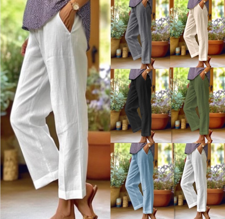 Elastic-waist straight-leg casual pants with pockets
