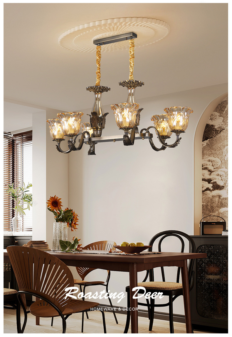 All-Copper American Retro Multi-Head Chandelier Glass Shade Pendant Light for Living Room Dining Room