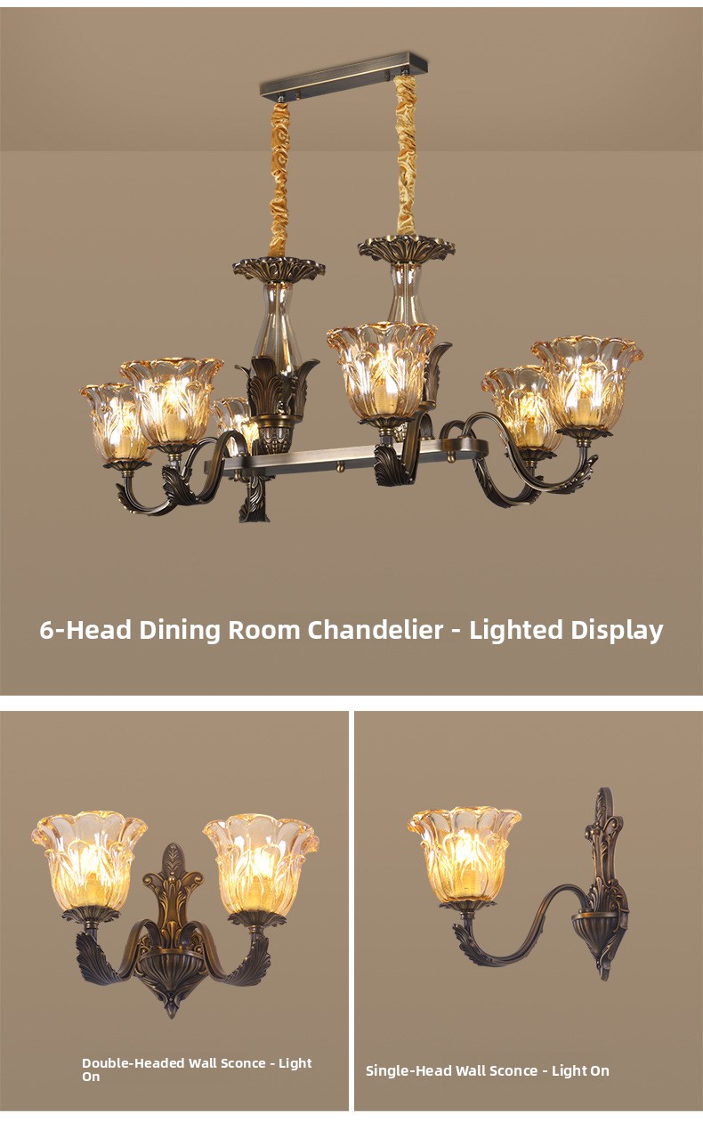 All-Copper American Retro Multi-Head Chandelier Glass Shade Pendant Light for Living Room Dining Room