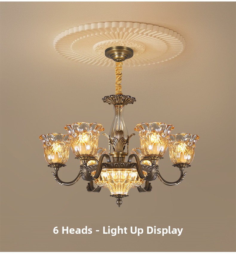 All-Copper American Retro Multi-Head Chandelier Glass Shade Pendant Light for Living Room Dining Room