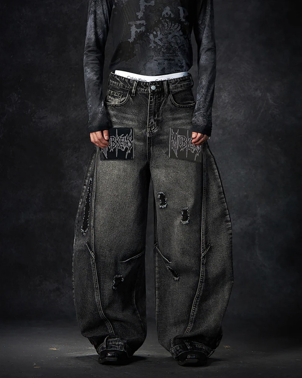 Punk-Style Distressed Ripped Denim Wide-Leg Pants