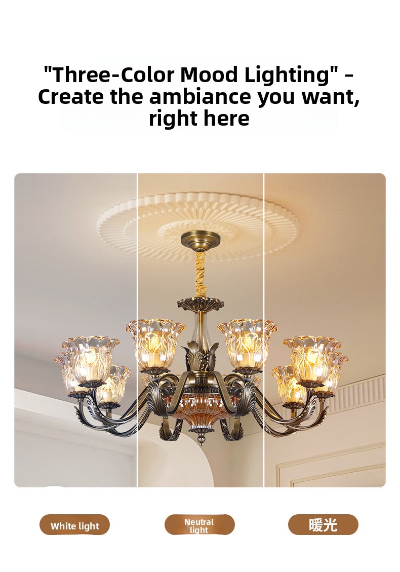 All-Copper American Retro Multi-Head Chandelier Glass Shade Pendant Light for Living Room Dining Room