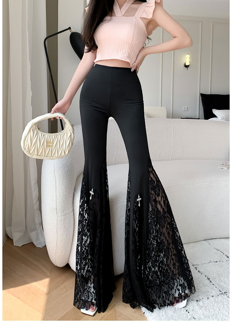 Women High-Waist Lace Stitching Fishtail Flared Trousers