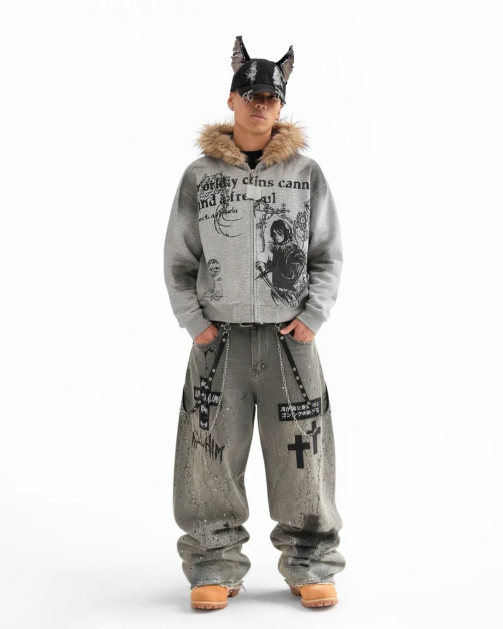 Mens Washed Gray Splatter Ink Ripped Jeans