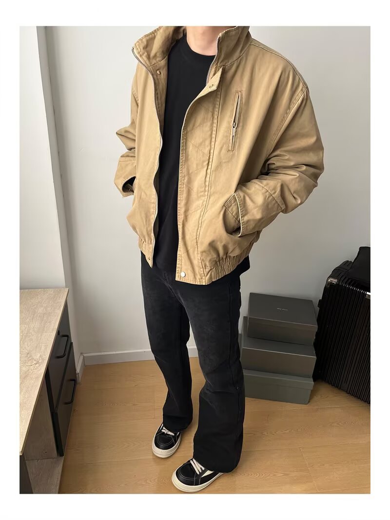 Men's Stand Collar Bomber Jacket Retro Loose Solid Outerwear