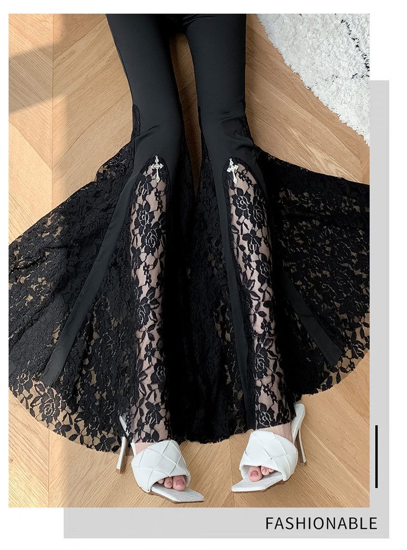 Women High-Waist Lace Stitching Fishtail Flared Trousers