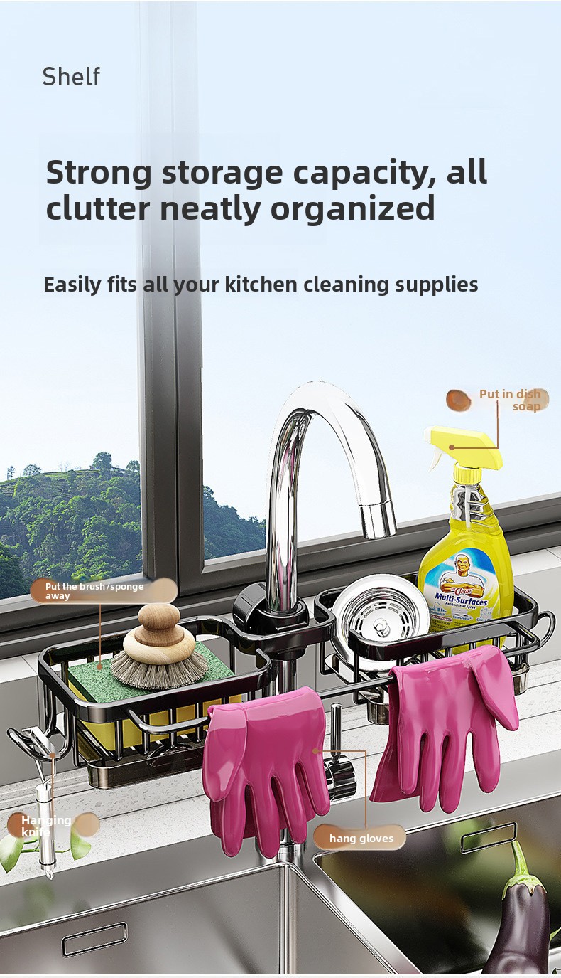Space Aluminum Faucet Sink Storage Rack with Drip Tray