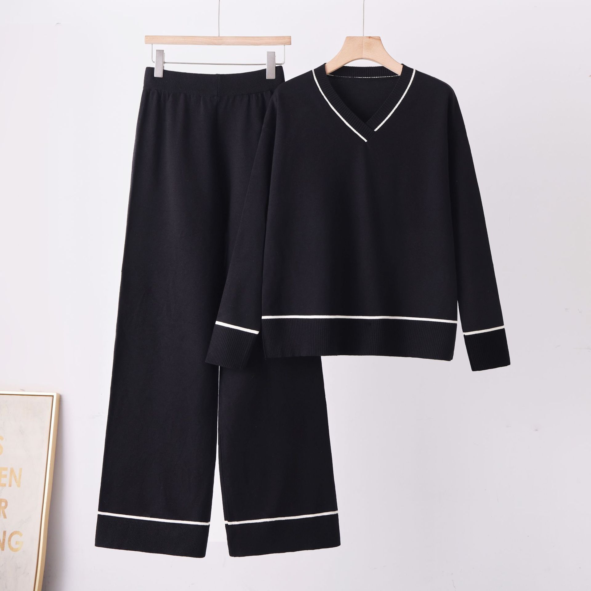 Women's Two-Piece Knit Sweater Set, Long Sleeve Top and Wide Leg Pants