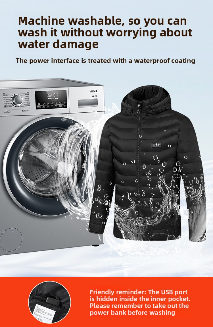 Unisex USB Heated Hooded Padded Jacket with 21 Heating Zones