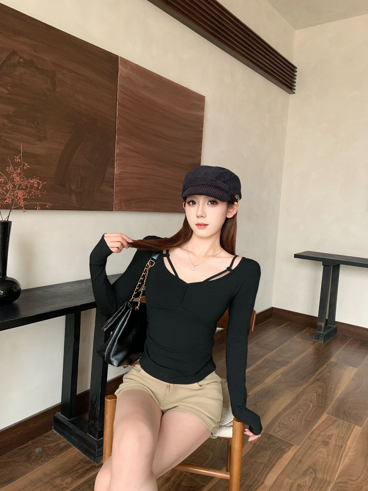 Women's Long Sleeve High Elastic Merino Wool Blend Slim-Fit Knit Top