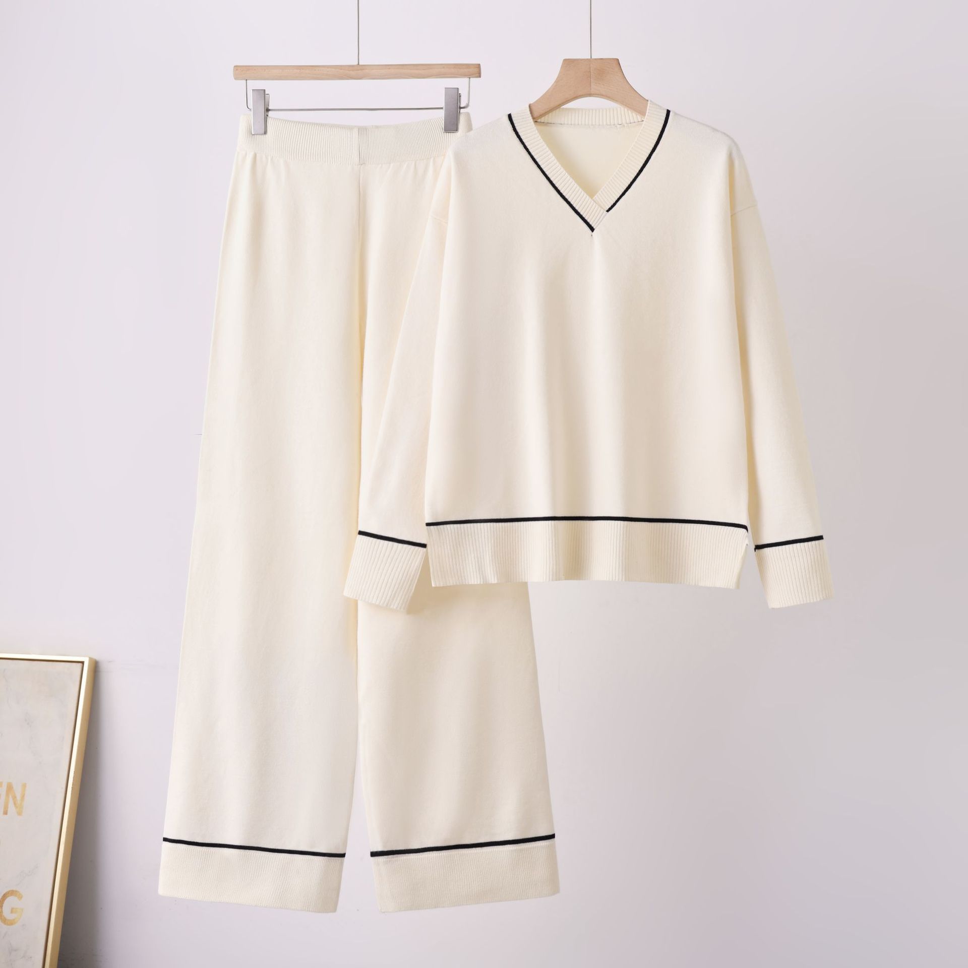 Women's Two-Piece Knit Sweater Set, Long Sleeve Top and Wide Leg Pants