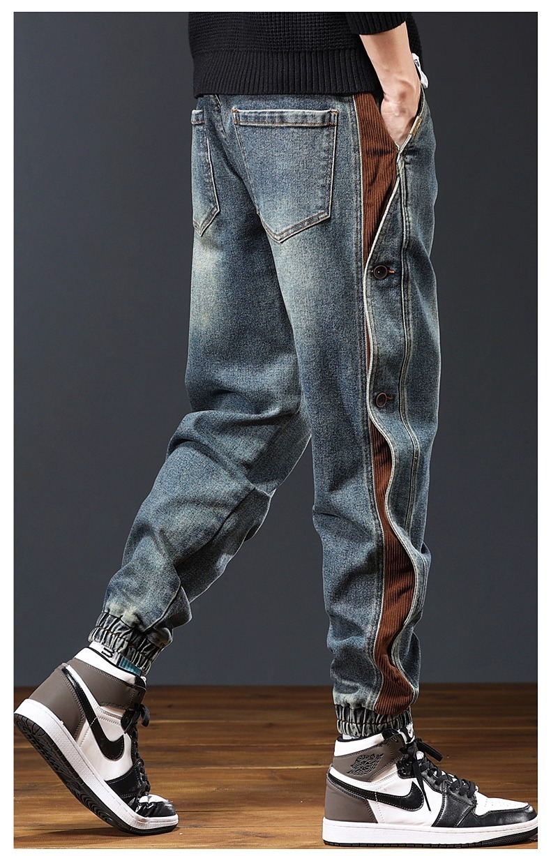 Men's Vintage Washed Denim Harem Pants Spliced Loose Fit Casual Jeans
