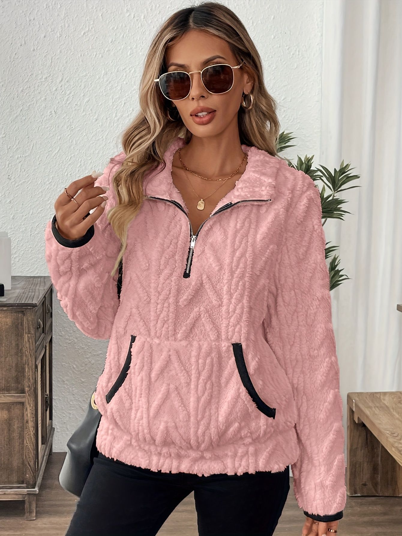 Women's Jacquard Fleece Half-Zip Lapel Sweatshirt