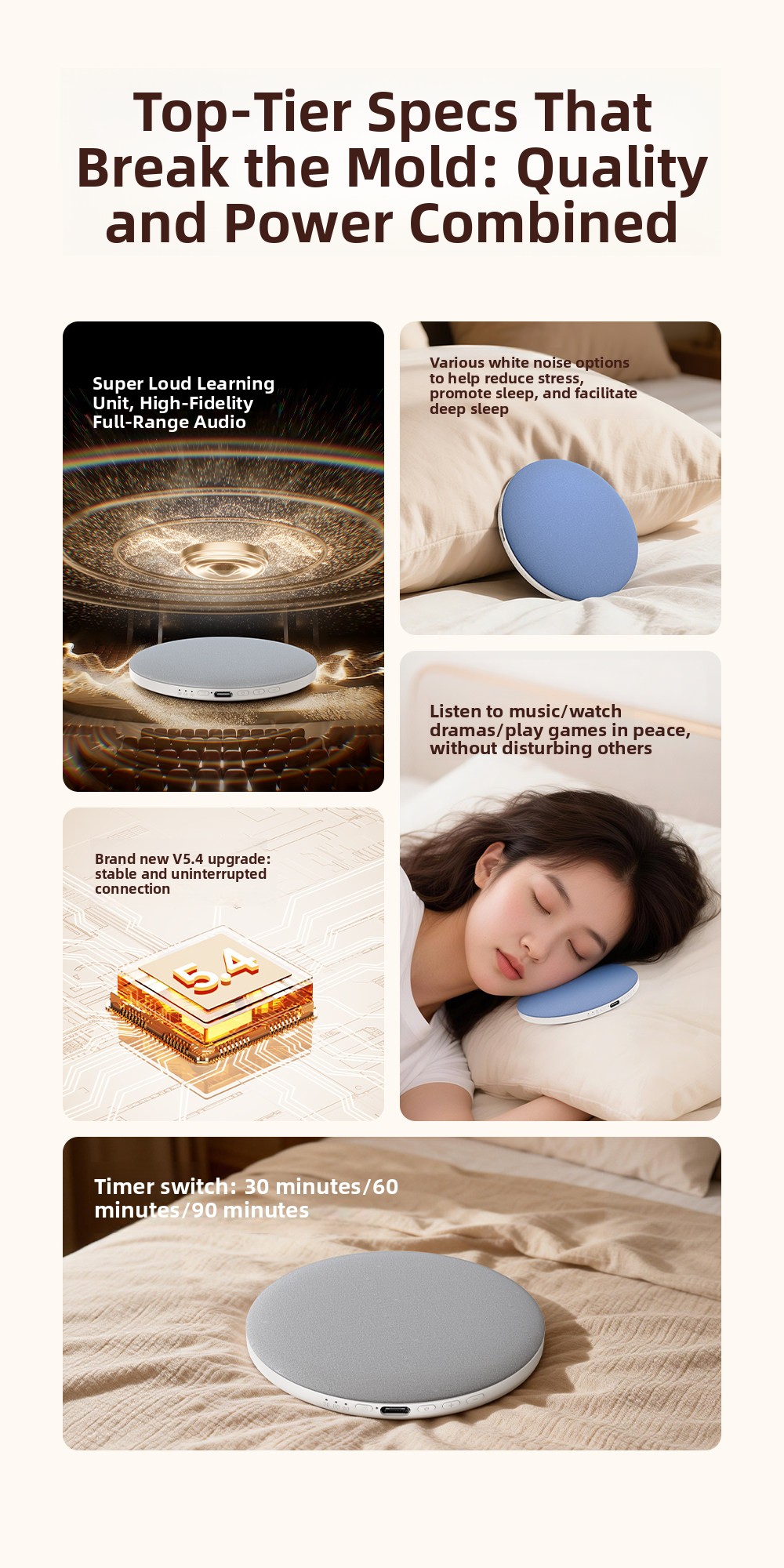 Bluetooth Pillow Speaker with HIFI Sound and Sleep White Noise