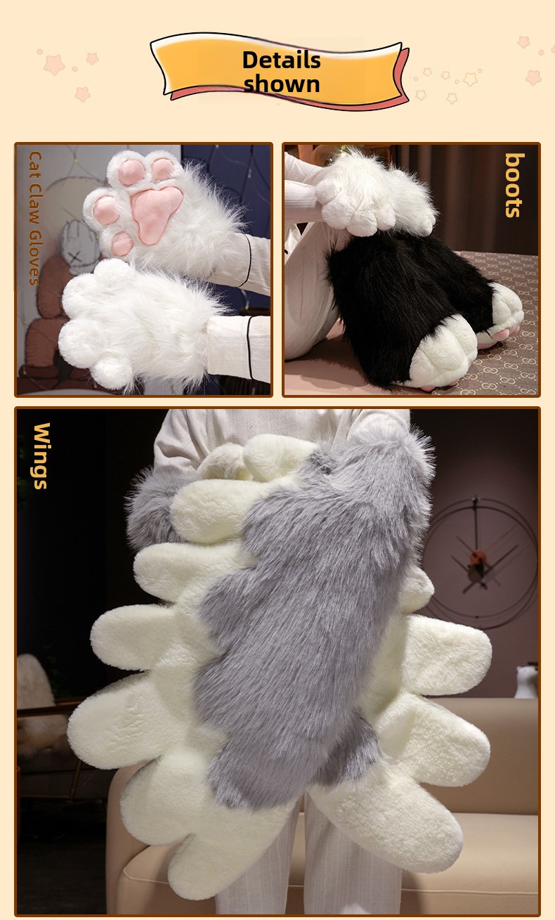 Kawaii Cat Paw Thickened Plush Winter Gloves and Wings Costume Accessories Set