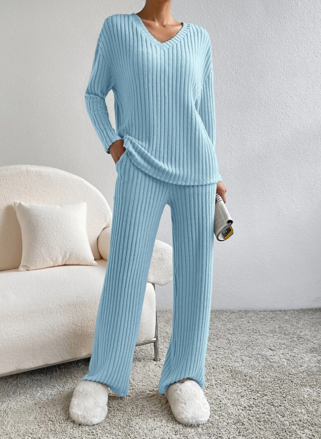 Women's V-Neck Ribbed Knit Two-Piece Set