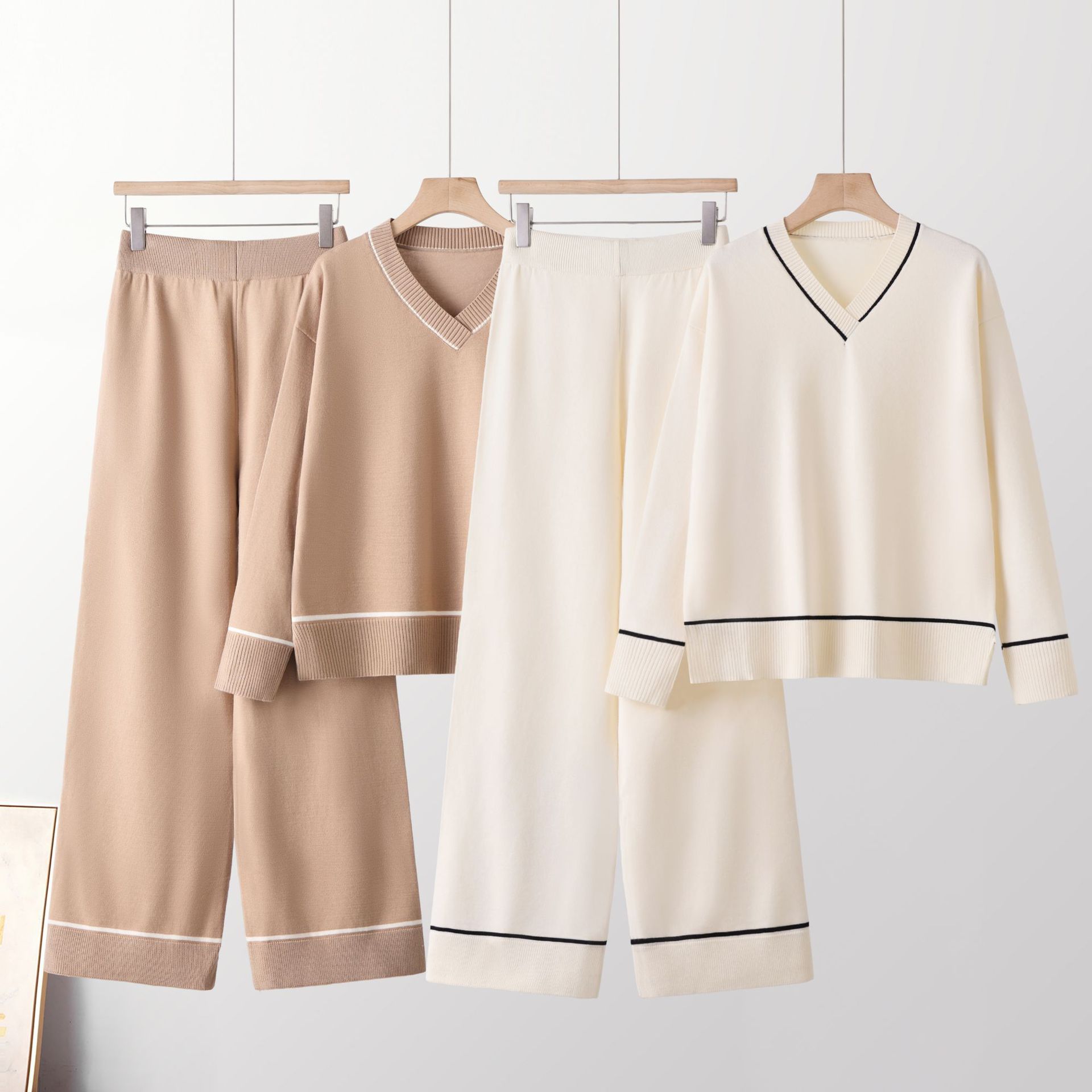 Women's Two-Piece Knit Sweater Set, Long Sleeve Top and Wide Leg Pants