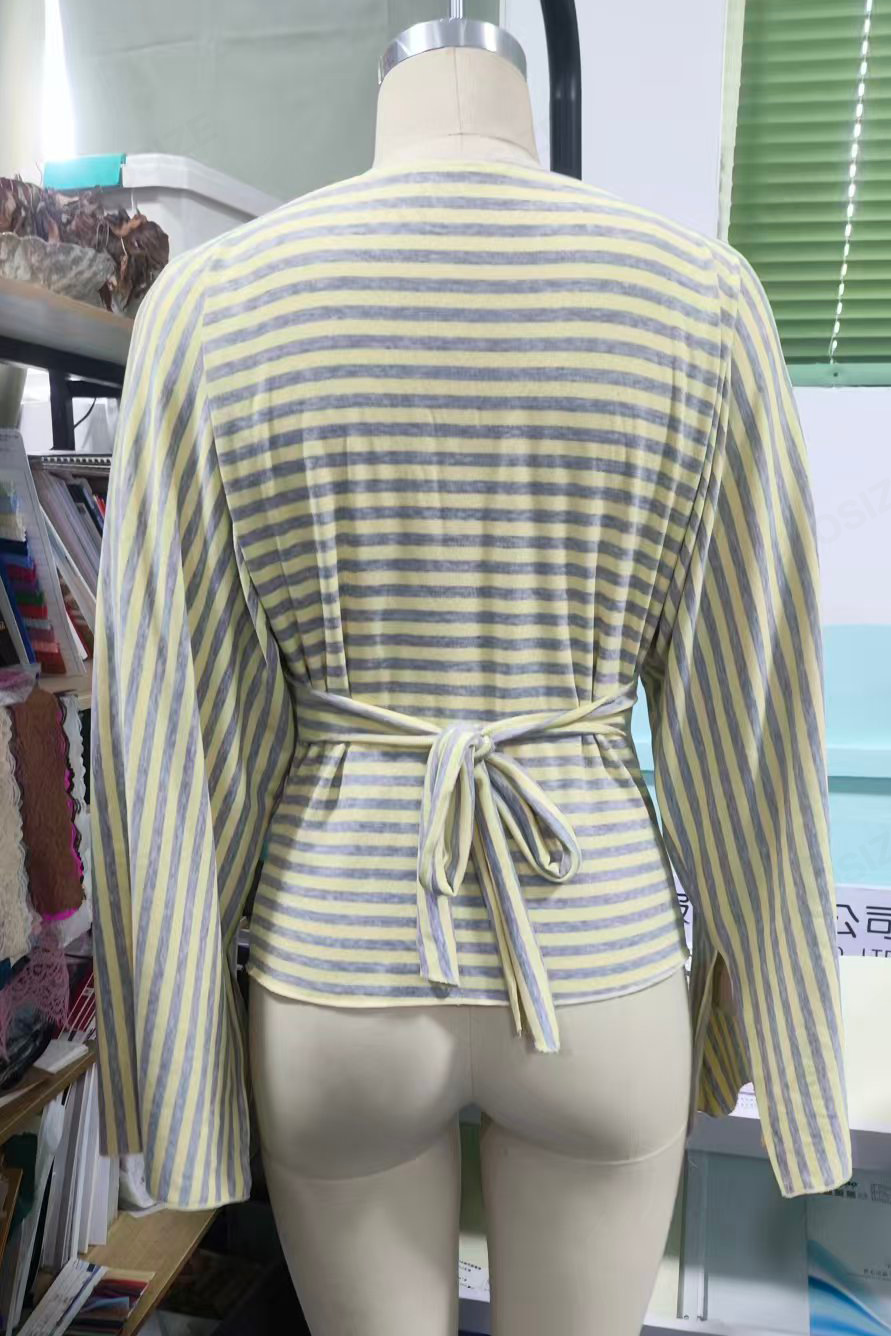Women's Striped Rib Knit Long Sleeve Slim T-Shirt with Boat Neck