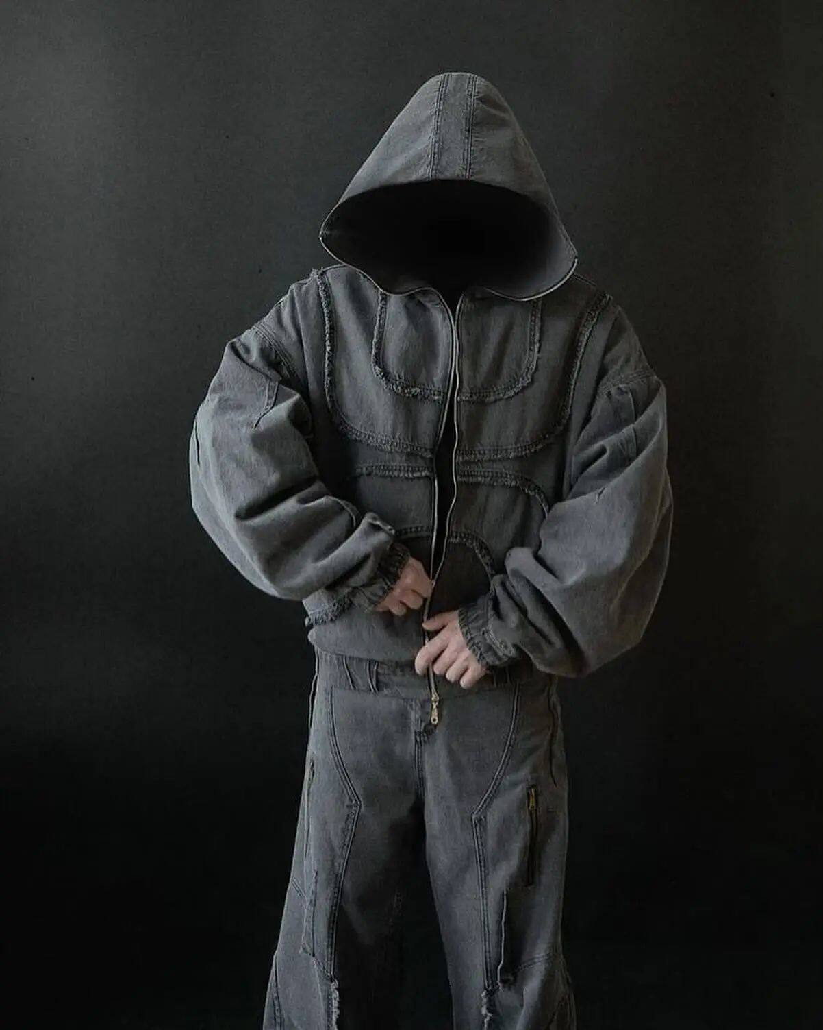 Washed Denim Jacket, Y2K Double Zipper, Flared Oversized Unisex Streetwear
