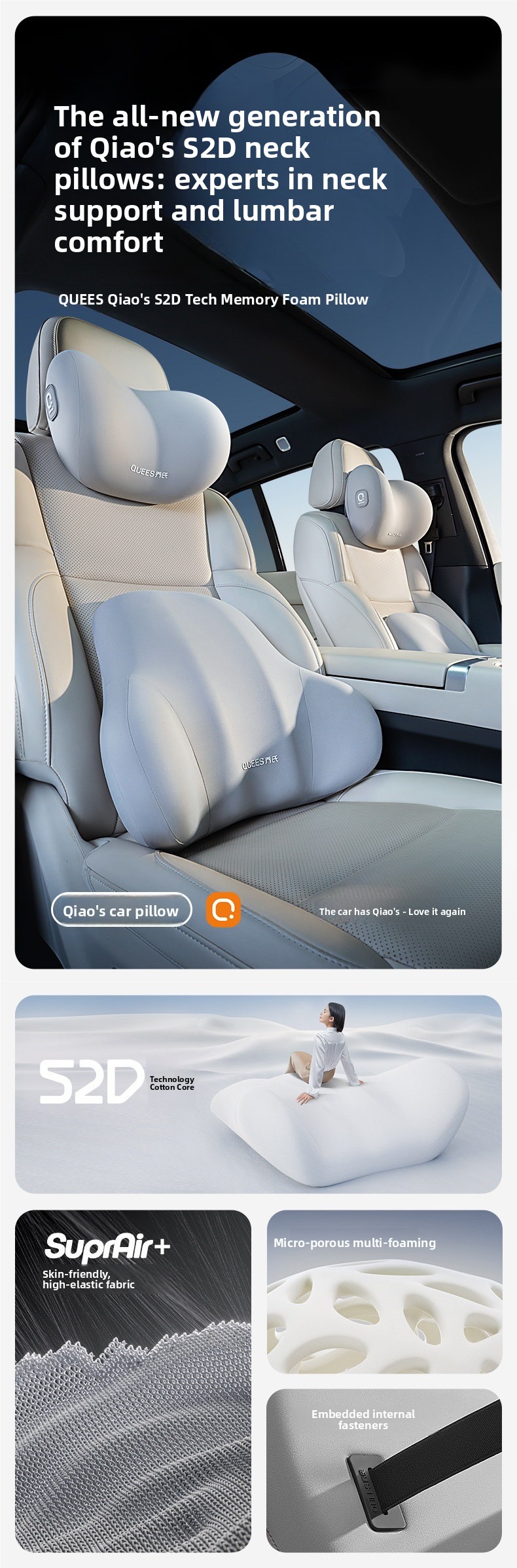 Ergonomic 52D Memory Foam Car Headrest and Lumbar Support Cushion Combo with Breathable Spacer Fabric
