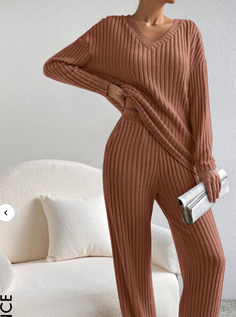 Women's V-Neck Ribbed Knit Two-Piece Set