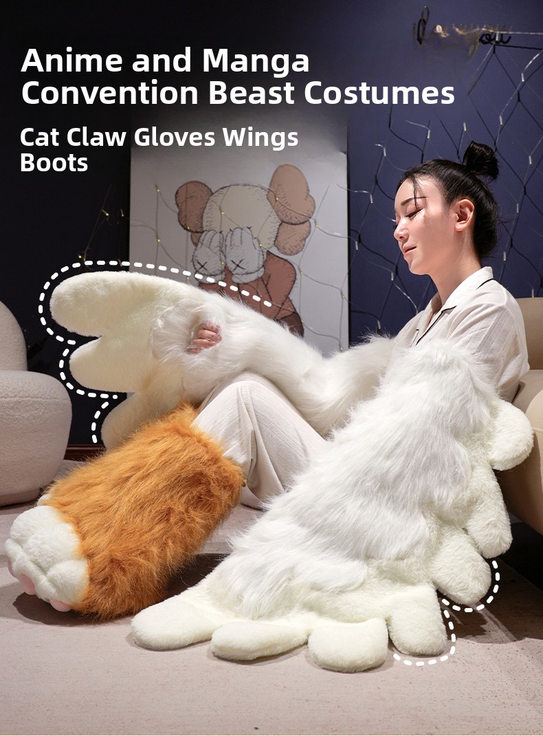 Kawaii Cat Paw Thickened Plush Winter Gloves and Wings Costume Accessories Set