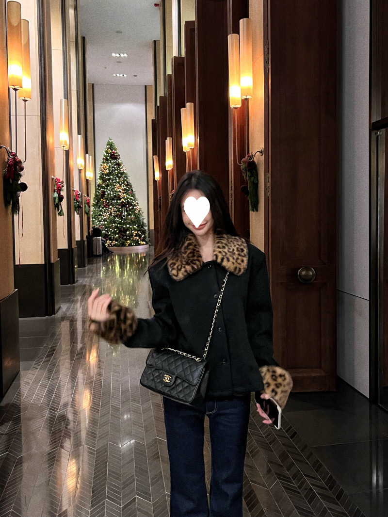 Women's Leopard Print Faux Fur Collar Single-Breasted Thick Short Coat