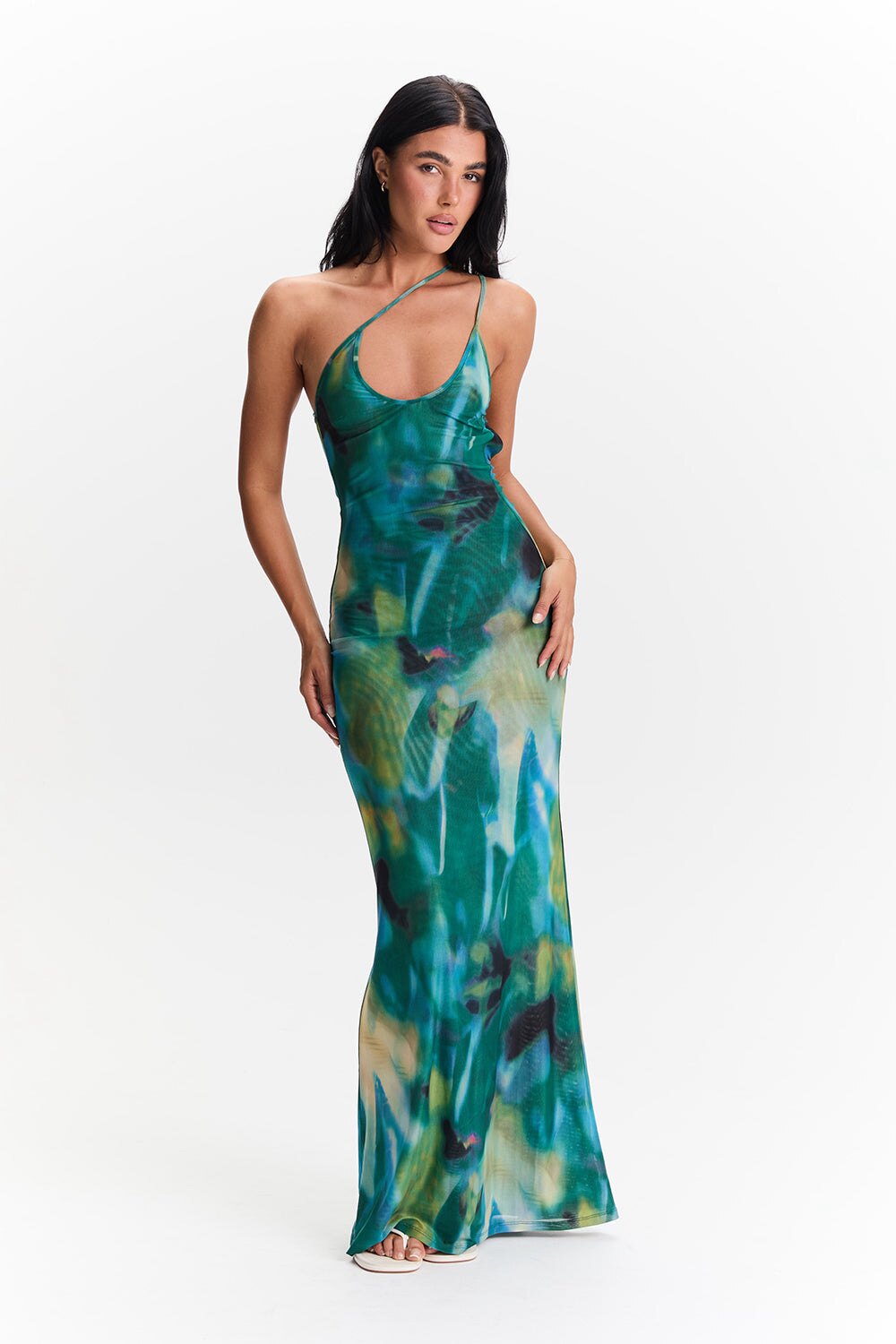 Women's Abstract Print U-Neck Backless Fishtail Hem Dress