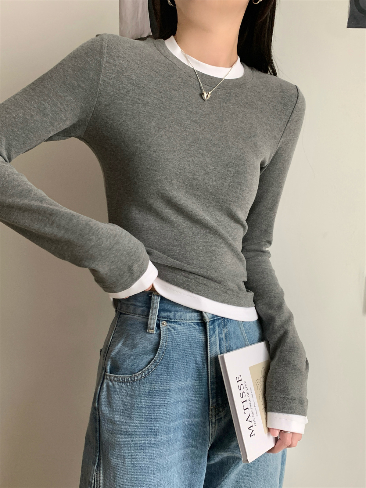 Women's Faux Two-Piece Long Sleeve Slim Fit T-Shirt Tee