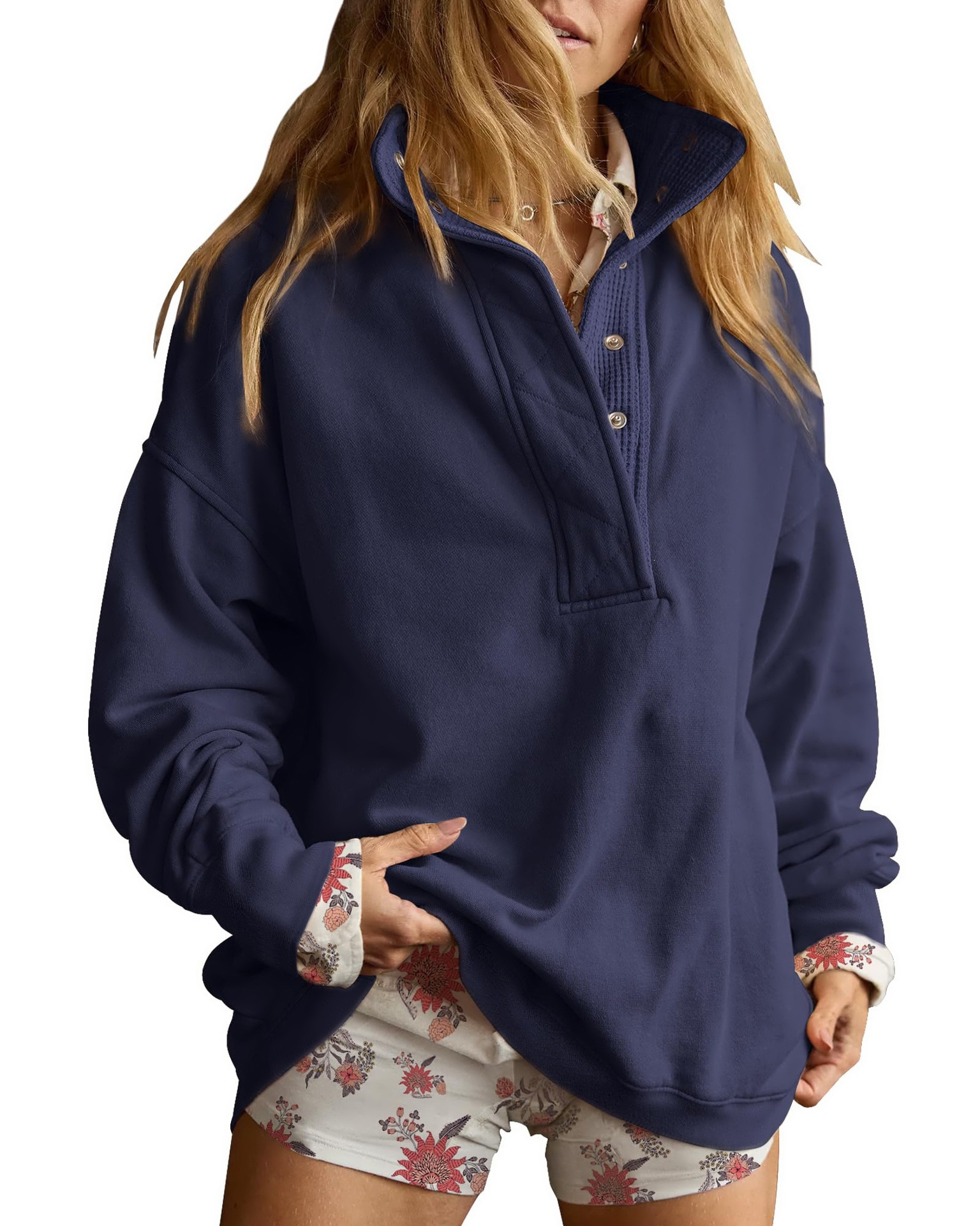 Casual Loose-Fit Long Sleeve Half-Button Pullover Sweatshirt