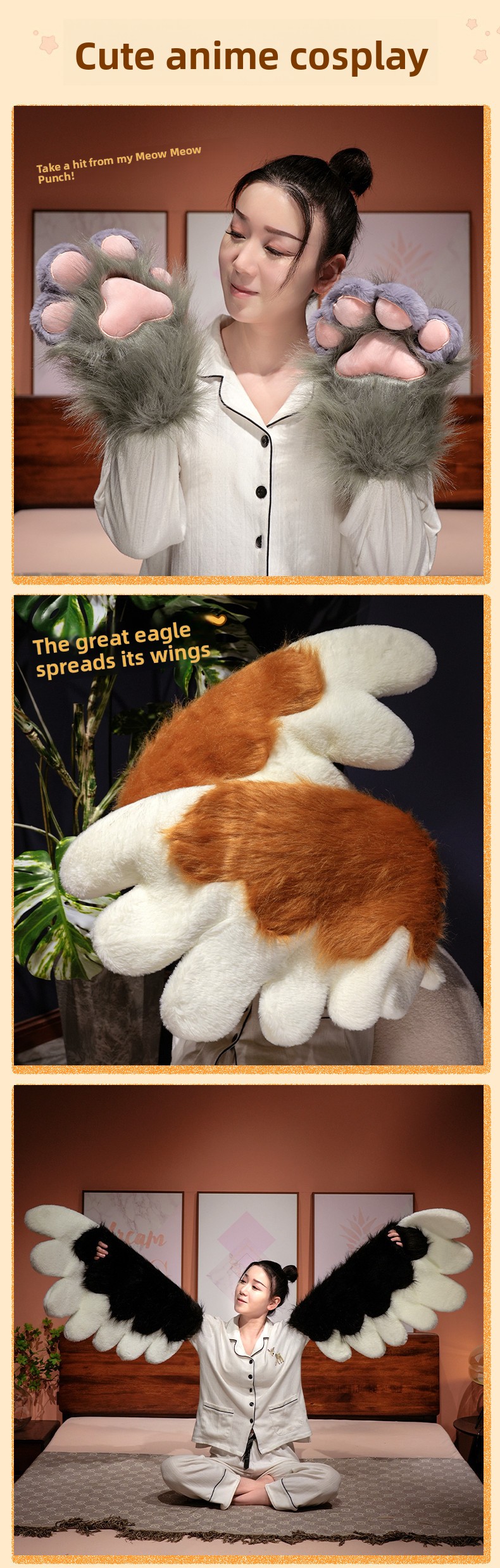 Kawaii Cat Paw Thickened Plush Winter Gloves and Wings Costume Accessories Set