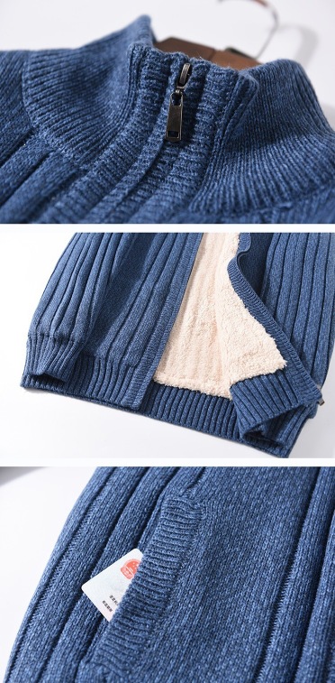 Mens Thickened Fleece Lined Stand Collar Knitted Cardigan