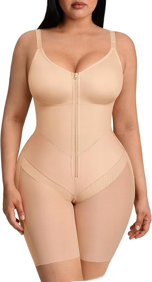 Plus Size Shapewear Bodysuit with Front Zipper and Adjustable Straps