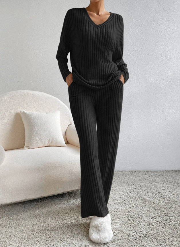 Women's V-Neck Ribbed Knit Two-Piece Set
