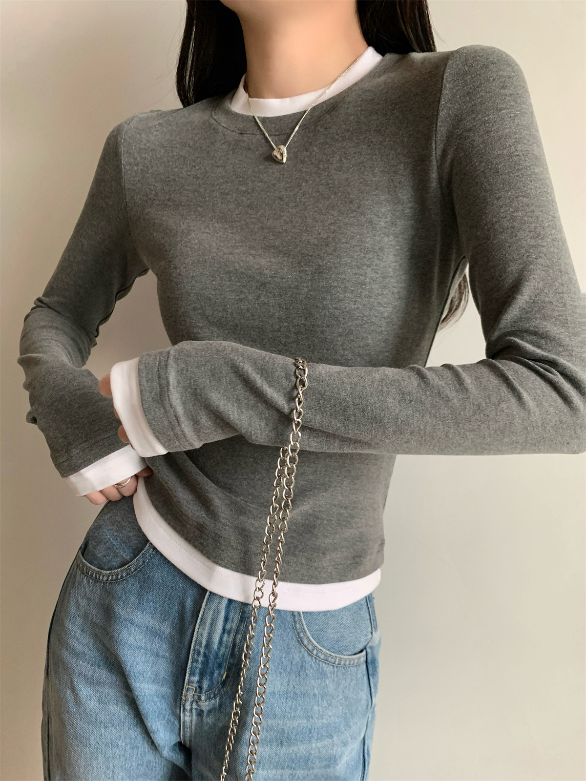 Women's Faux Two-Piece Long Sleeve Slim Fit T-Shirt Tee