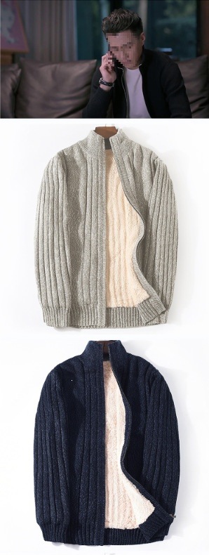 Mens Thickened Fleece Lined Stand Collar Knitted Cardigan