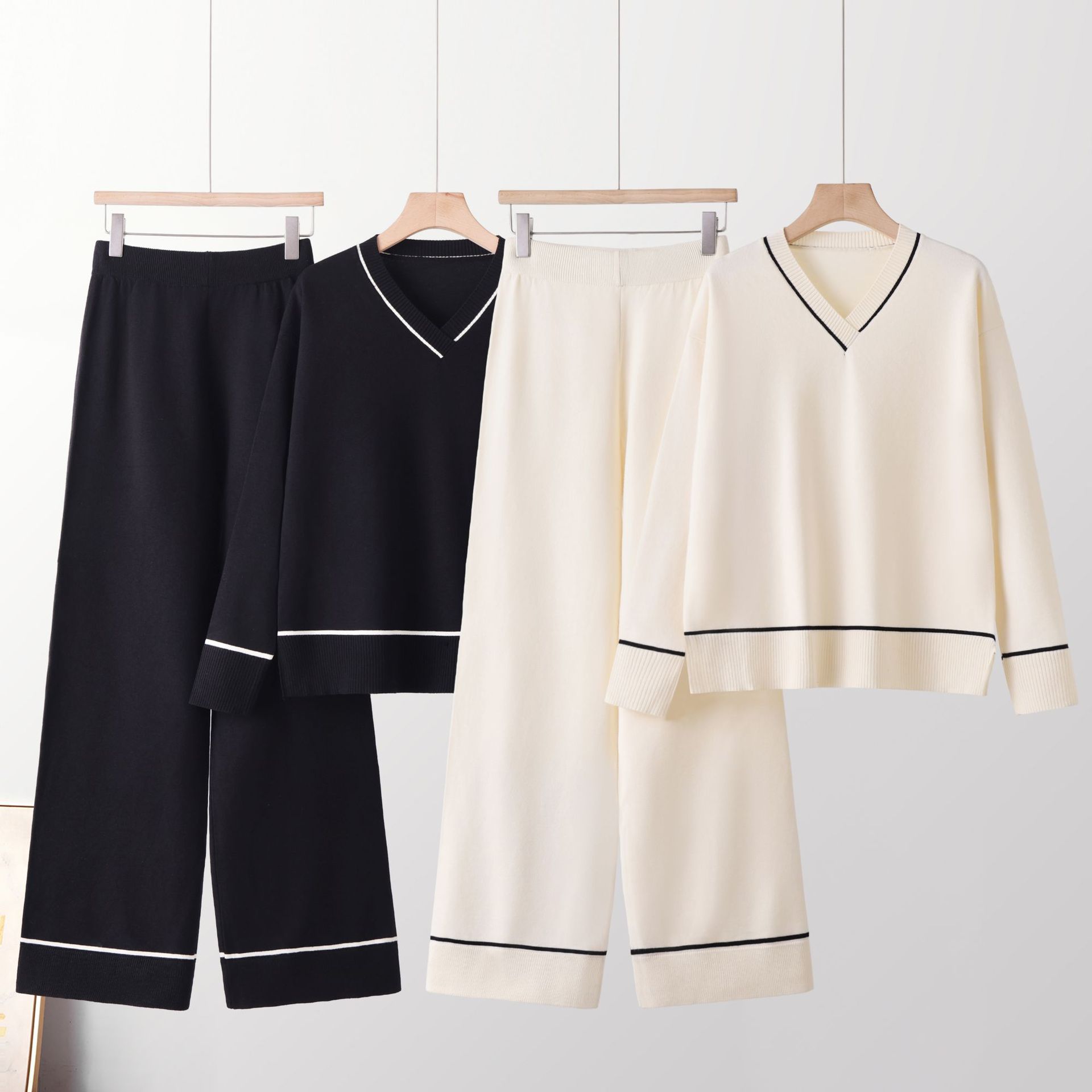 Women's Two-Piece Knit Sweater Set, Long Sleeve Top and Wide Leg Pants