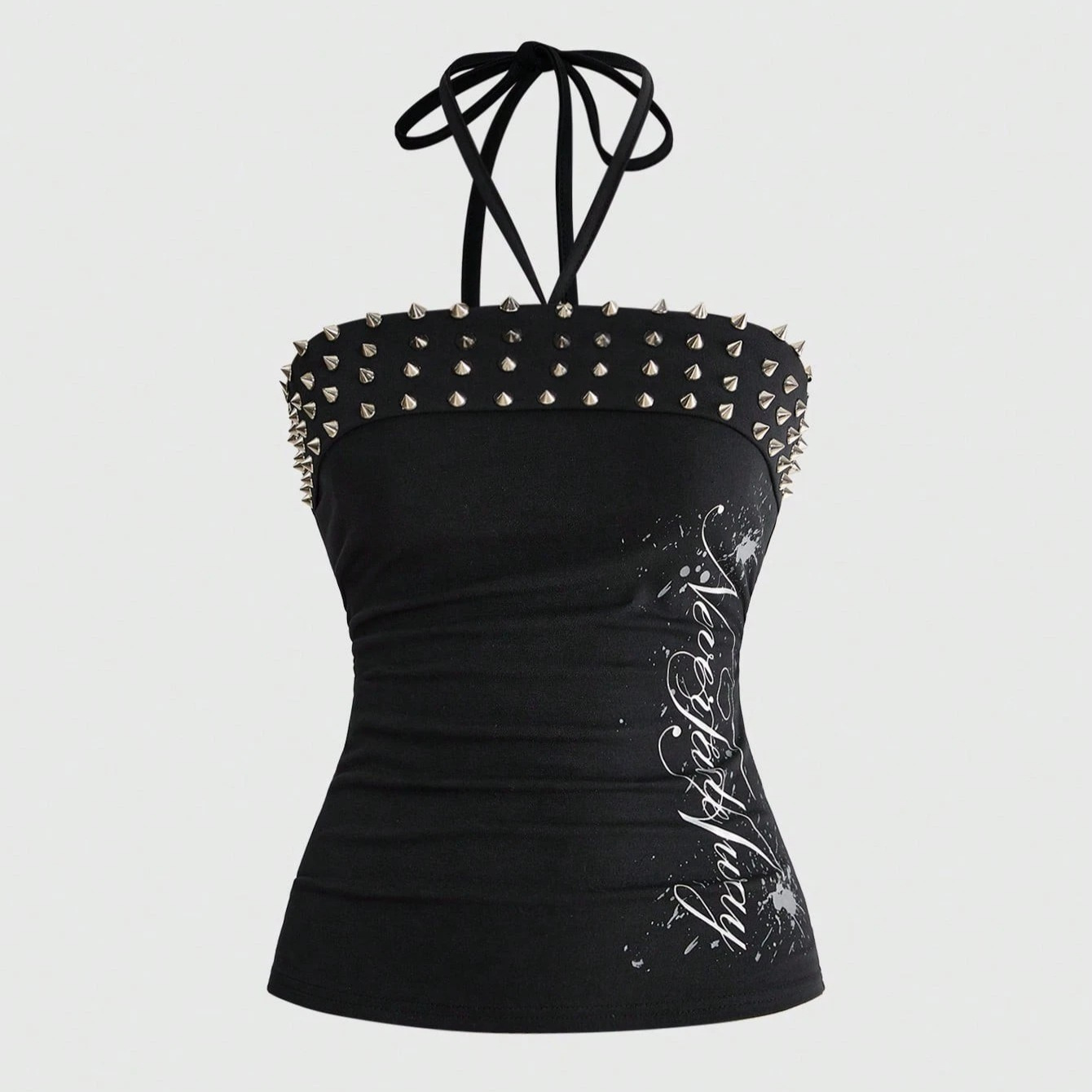 Women's Punk Rivet Lace-Up Halter Tank Top with Letter Print