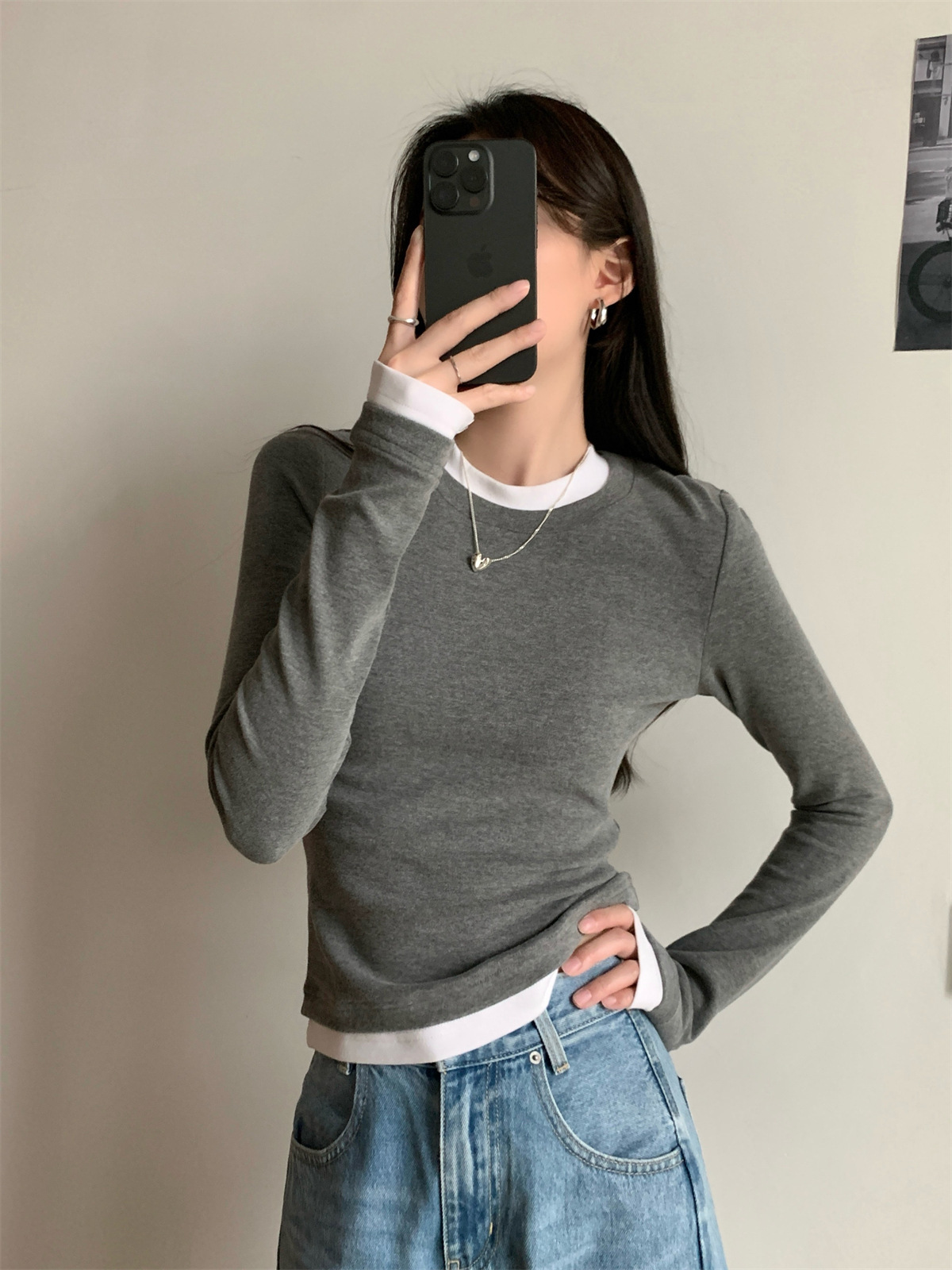 Women's Faux Two-Piece Long Sleeve Slim Fit T-Shirt Tee
