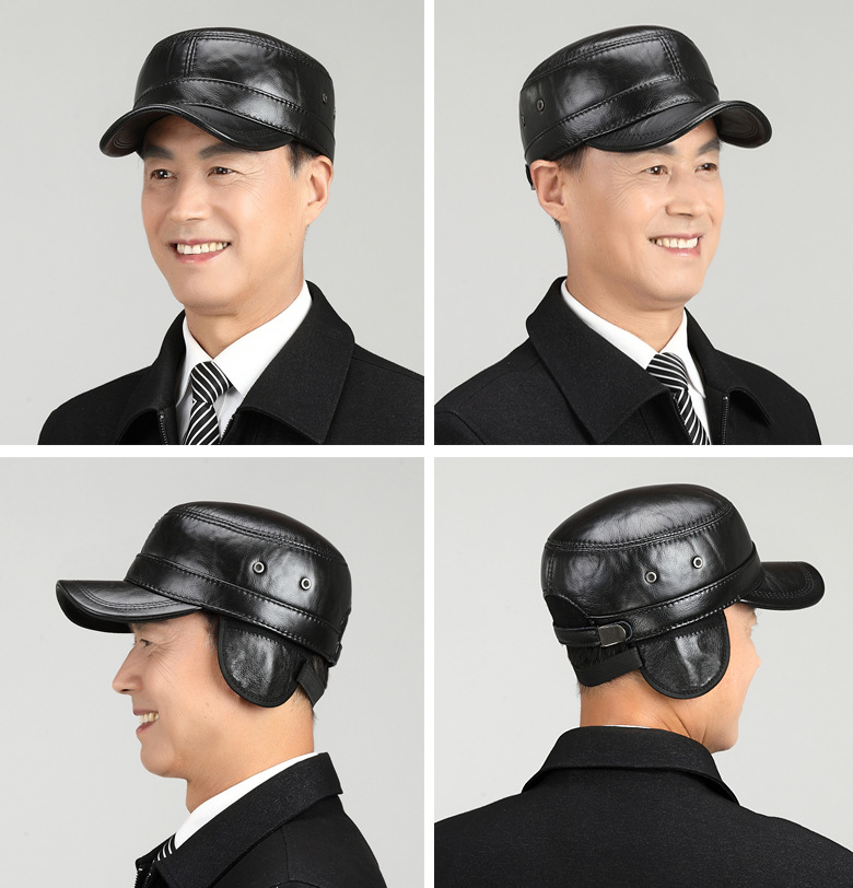 Men's Genuine Cowhide Leather Winter Warm Flat Top Ear Protection Hat